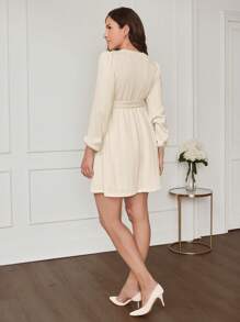 MaterniWear Maternity Autumn Winter Dress With Bow Belt, Nursing Dress For Pregnant Women - Apricot - View 2