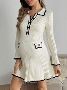 SHEIN Maternity Colorblock Ribbed Trim Front Button Elegant Long Sleeve Sweater, For Winter
