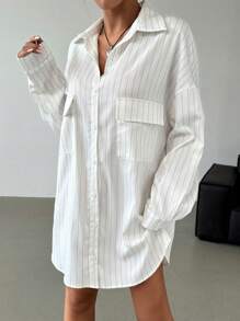 SHEIN EZwear Women's Button Collar Long Sleeve Pockets Striped Short Casual Dress - White - View 6
