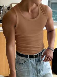 DAZY 男式厚圆领罗纹针织无袖背心 - 駝色 - 查看 6