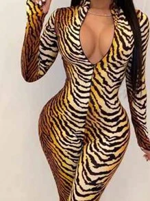 SHEIN Women's Tiger Print Long Sleeve Jumpsuit Fall Cloth For Women - Multicolor - View 3