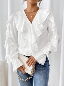 Selianne V 领纯色荷叶边前扣休闲长袖衬衫 - 白色 - 查看 3
