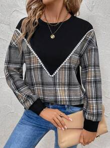 SHEIN LUNE Plaid Print Round Neck Casual Long Sleeve Sweatshirt Pullover Fall Outfit