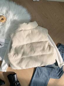 SHEIN Privé Plus Size Women's Casual Comfortable Zipper Contrast Color Sleeveless High Neck Winter Padded Coat - Apricot - View 9