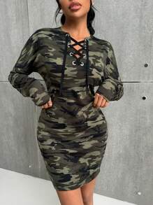 SHEIN Essnce 女式春夏长袖孔眼系带口袋修身迷你连衣裙 - 彩色 - 查看 5