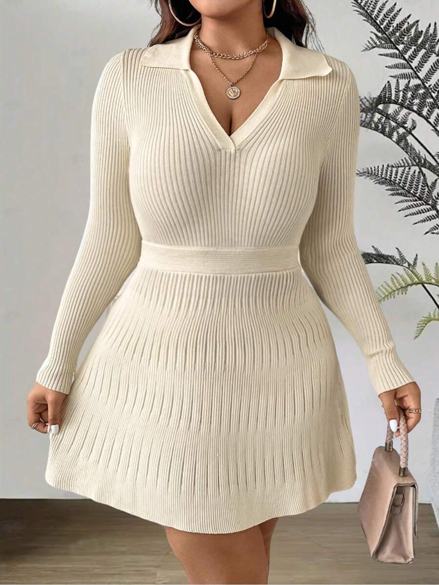 SHEIN Clasi 大码女式束腰修身马球领长袖针织连衣裙 - 杏色 - 查看 1