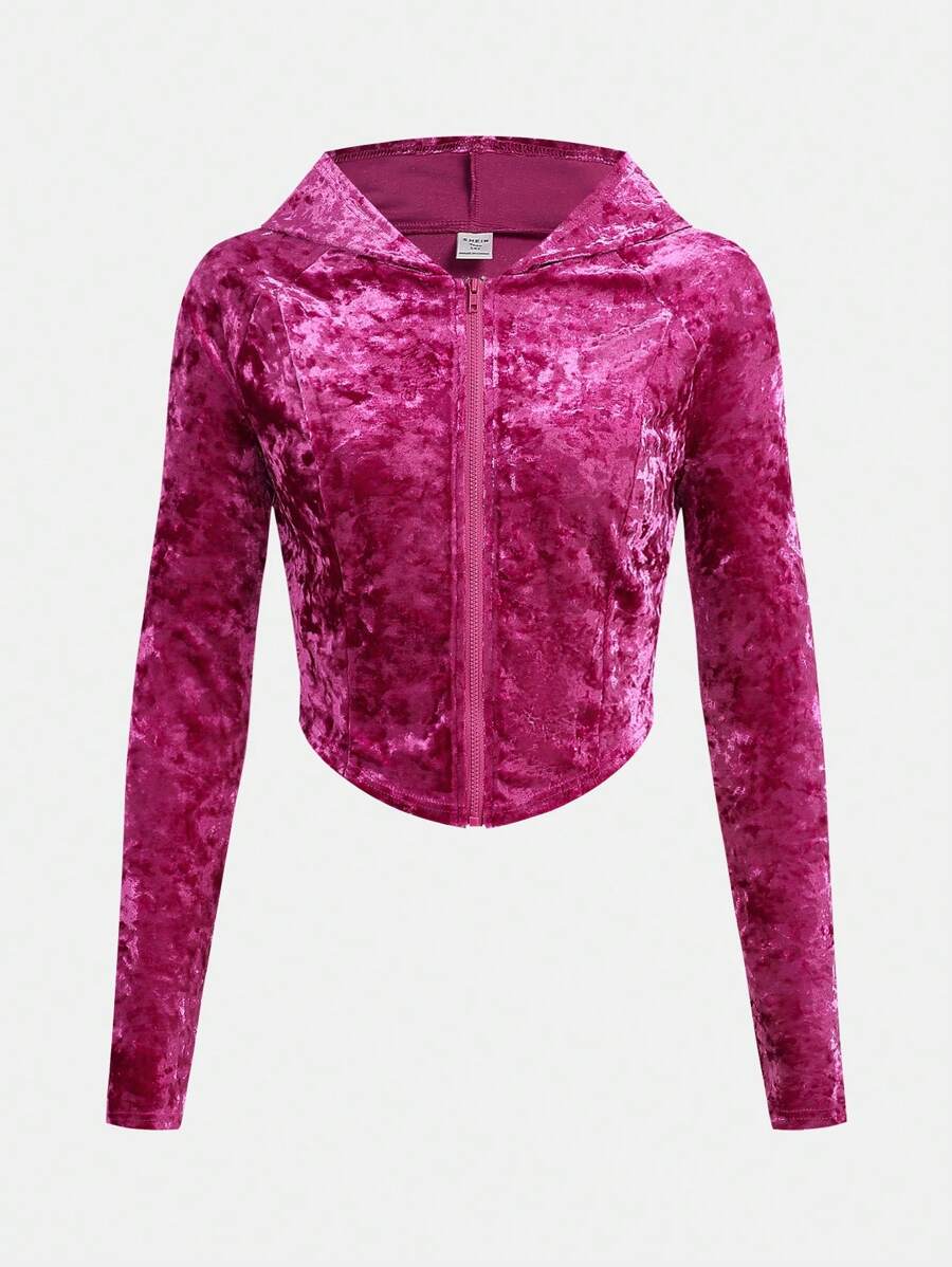 SHEIN 少女针织纯色天鹅绒拱形下摆连帽长袖夹克 - 玫紅色 - 查看 1