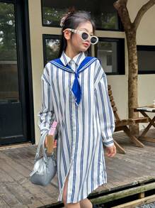 SHEIN Tween Girl 海军蓝斗篷编织条纹衬衫裙 - 藍白色 - 查看 3
