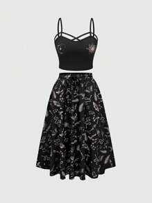 ROMWE 2pcs/Set Plus Size Women Gothic Floral Print Strap Tank Top And Elastic Waist Midi Skirt, Boho Style - Black - View 1