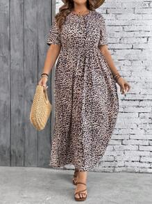 SHEIN VCAY Plus Size Leopard Print Short Sleeve Round Neck Holiday Dress - Multicolor - View 3
