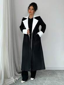Chiquease Women's Contrast Color Lapel Long Sleeve Trench Coat - Black and White - View 7