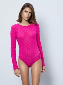 Maija Women's Solid Color Crew Neck Long Sleeve Fitted Bodysuit, Spring & Summer - Hot Pink - View 1