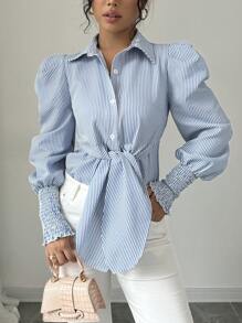 SHEIN Clasi Women's Button-Down Long Sleeve Striped Shirt With Tie Waist - Blue and White - View 3