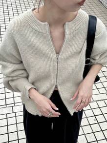 FRIFUL 女士纯色落肩长袖拉链休闲开衫，秋冬夹克 - 駝色 - 查看 2