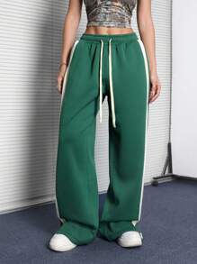 Muchica Quần ống rộng kẻ sọc xẻ gấu màu xanh lá cây thường ngày cho nữ dạo phố mùa thu - Màu xanh lá cây đậm - Xem 5