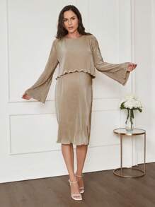 MaterniWear 2pcs Maternity Set: Khaki Top & Loose A-Line Skirt Set, Spring Autumn - Khaki - View 3