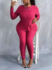 Slaydiva Casual Basic Women's Plus Size Pineapple Grid Texture Knit Slim Fit Sports & Leisure Two-Piece Outfit Set - Burgundy - View 6