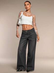 SHEIN BAE Solid Sexy Sheer Mesh Rhinestone Glaring Summer Music Festival Long Tops - Silver - View 4