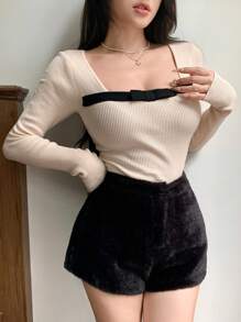 DAZY Áo len dài tay ôm sát màu sắc cho nữ, Áo dài tay, Quần áo mùa thu cho nữ - Đen và trắng - Xem 4