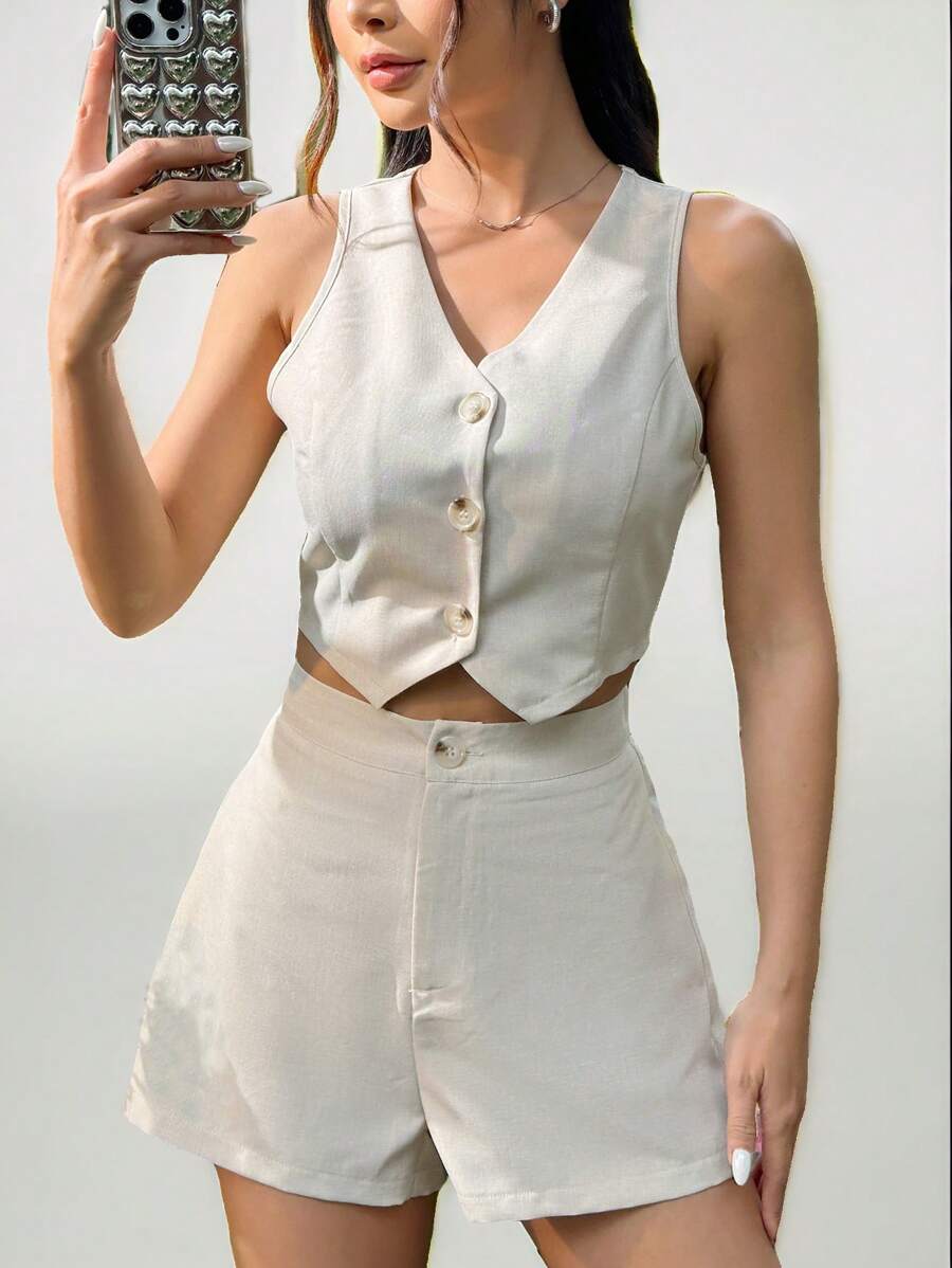 SHEIN PETITE Ladies' Single-Breasted Suit Vest And Shorts Set - Apricot - View 1