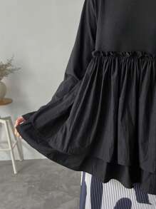 FRIFUL Áo thun nữ dáng chữ A vải chắp vá, áo dài tay nhún bèo cho nữ - màu đen - Xem 7