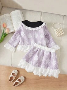 SHEIN 2pcs Baby Girl Plaid Printed Contrast Ruffle Trim Long Sleeve Top And Skirt Set