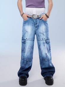 Manfinity Roghcode Quần Jeans Denim Thường Ngày Có Túi Và Nút Cho Nam - Rửa nhẹ - Xem 7