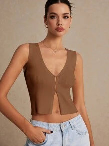 Poéselle Women's Chic Summer Knit Top,All Shades Of Brown V Neck Sleeveless Tank Top For Night Out,Open Placket Vest With Asymmetric Slit Hem Holiday Cardigan - Brown - View 7
