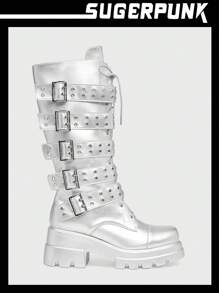 Sugerpunk Women's Outdoor Round Toe Platform Thick Bottom Button PU Leather Fashion Comfortable Daily Party Side Zipper Lace-Up Boots