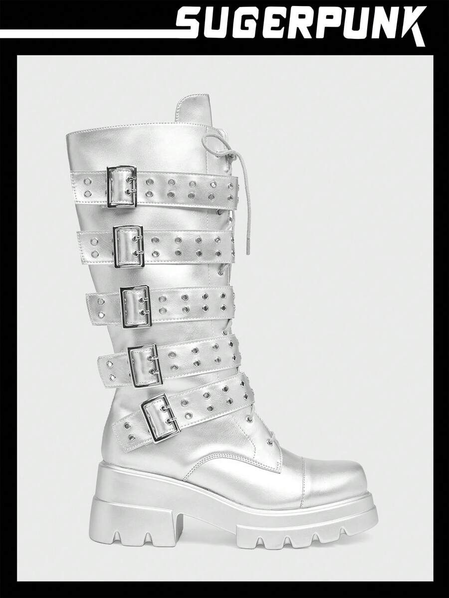 Sugerpunk Women's Outdoor Round Toe Platform Thick Bottom Button PU Leather Fashion Comfortable Daily Party Side Zipper Lace-Up Boots