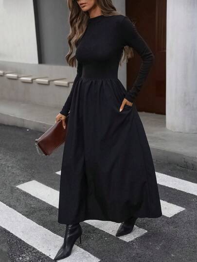 Aveloria Modichic 优雅简约拼接收腰长袖秋季长裙女士连衣裙优雅