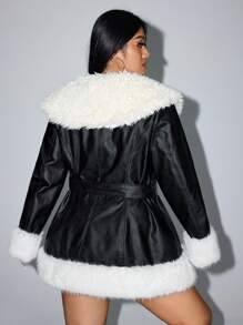 SHEIN ICON Plus Contrast Fleece-Trimmed Drawstring PU Leather Jacket - Black and White - View 6