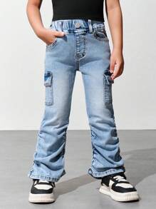 Girls Y2K Fashion Stone Washed Flare Jeans With Ruffle And Fold Over Pockets - Light Wash - View 9