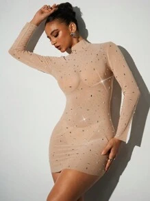 Aloruh Fall Women Clothes Women's Elegant Party Music Festival Concert Nightclub Sexy Hot Girl See-Through Stand-Up Collar Slim Fit Rhinestone Decorated Mesh Long Sleeve Dress Bodycon Dress Mini Dress , Sexy Party Dress,Rhinestone Dress,Sexy Women Dresses,See Through Dress,Suitable For Autumn And Winter
