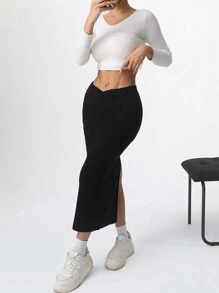 SHEIN EZwear Saia suéter feminina casual de malha preta com bainha dividida - Preto - Ver 4