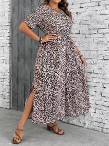 SHEIN VCAY Plus Size Leopard Print Short Sleeve Round Neck Holiday Dress - Multicolor - View 4