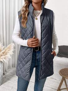 SHEIN Clasi Plus Size Casual Quilted Zip-Up Padded Coat, Suitable For Winter Fall Autumn - Dusty Blue - View 6