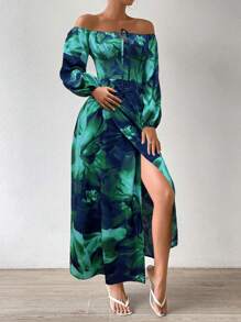 VaVaBold Đầm Maxi hở vai in hoa tay đèn lồng xẻ tà thanh lịch cho nữ đi nghỉ - Nhiều màu - Xem 4