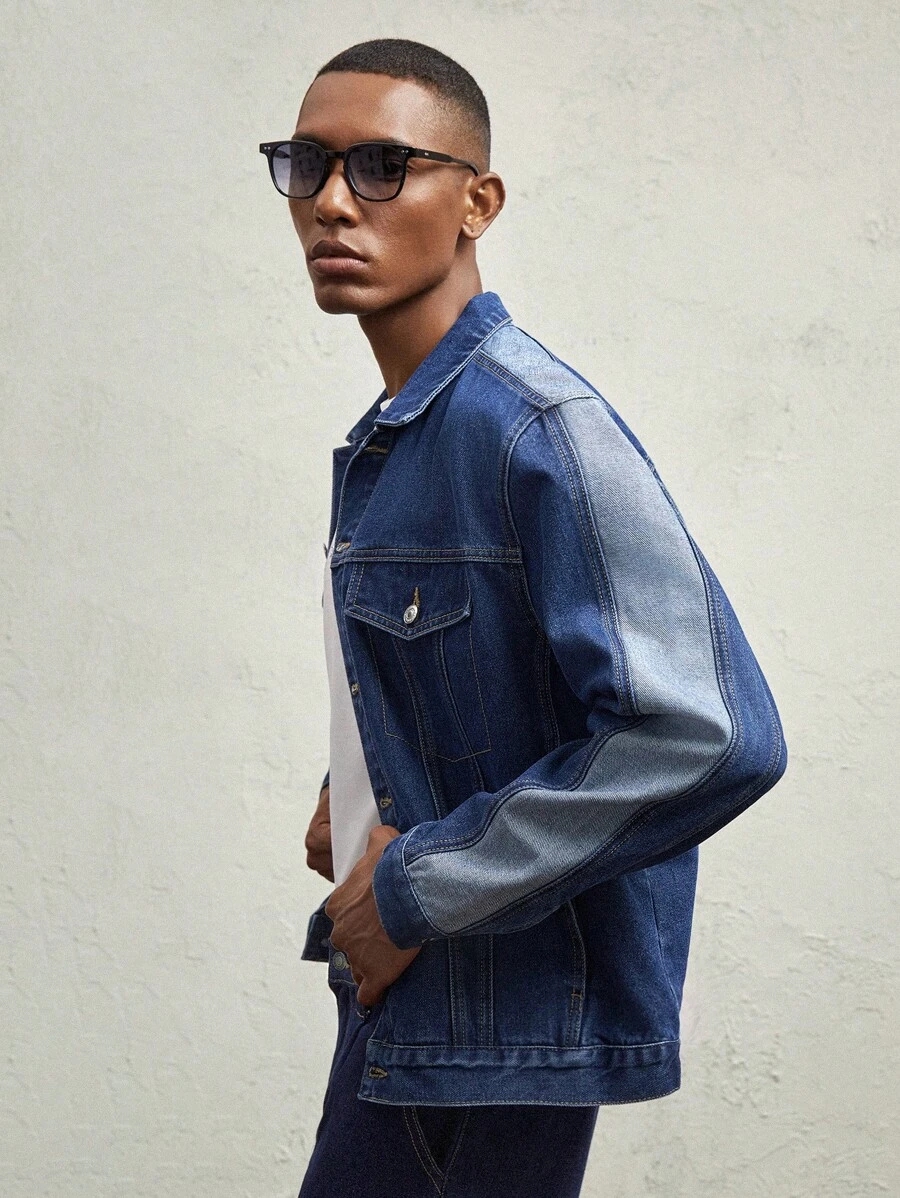 AKNOTIC Business Casual 男士宽松落肩翻领长袖休闲牛仔夹克，适合秋季 - 深色水洗藍 - 查看 1