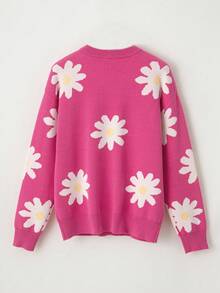 Cute Casual Long-Sleeved Knit Sweater With Daisy Floral Pattern And Round Neck - Pink - View 8