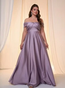 Váy satin cổ yếm chéo bất đối xứng cỡ lớn, váy phù dâu - Màu tím - Xem 4