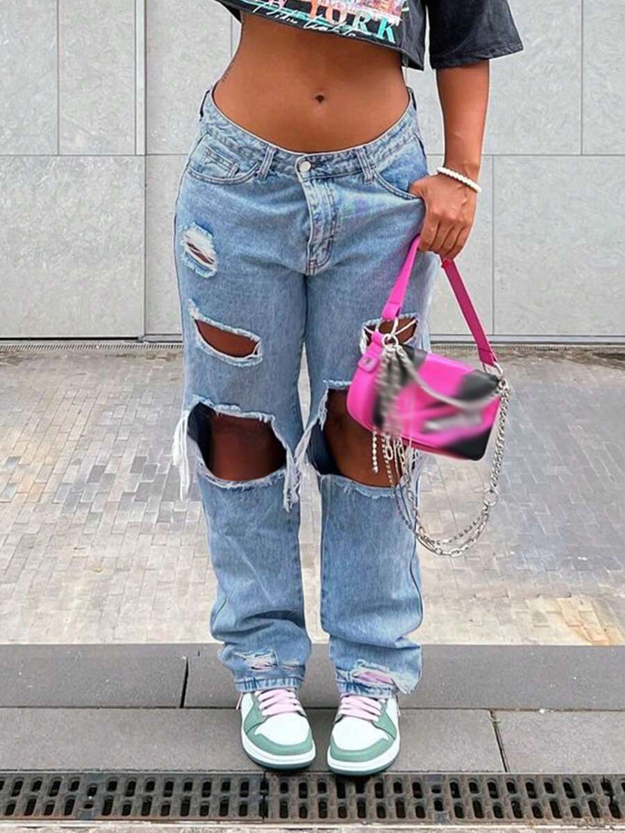 American-Style Street Distressed Mid-Rise Straight Leg Jeans. - Light Wash - View 1