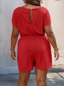 SHEIN LUNE Plus Size Women Summer Solid Short Sleeve Tie Waist With Pockets Casual Jumpsuit