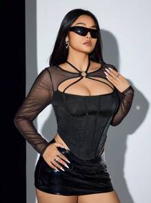 SHEIN ICON 大码女式黑色网眼撞色镂空修身紧身胸衣 T 恤 - 黑色 - 查看 5