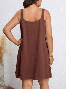 SHEIN LUNE Robe d'été casual à bretelle avec poche et bouton unique pour femmes grande taille - Tabac - Voir 2