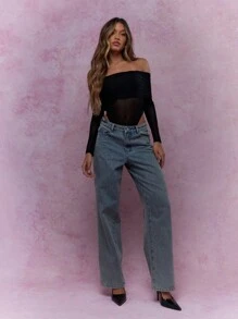 MISSGUIDED Mesh Ruched Off-Shoulder Long Sleeves High Leg Bardot Bodysuit - Black - View 4