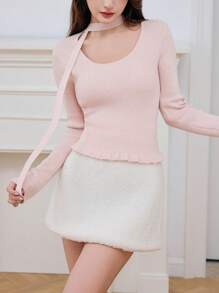 EastFlair Fall Winter Women's Pink Long Sleeve Ruffle Hem Sweater With Ribbon - Pink - View 1