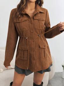 SHEIN Maternity Casual Button-Up Corduroy Jacket & Long Sleeve Coat, & Coat, Fall/Winter