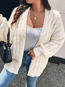 SHEIN Frenchy Áo len cardigan tay đèn lồng dệt kim cỡ lớn, Thu/Đông - Màu be - Xem 6