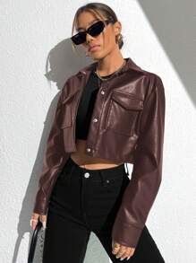 Muchica 女式纯色春/秋实用口袋长袖 PU 皮革短夹克 - 棕色 - 查看 5